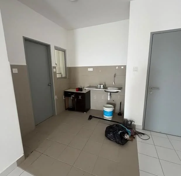 Room features: white painted walls, light grey tiled flooring, single-bowl stainless-steel sink, chrome faucet, wall-mounted mirror, wooden countertop, kitchen cabinet, door to adjacent room, door to bathroom, bucket, cleaning equipment; style: modern.