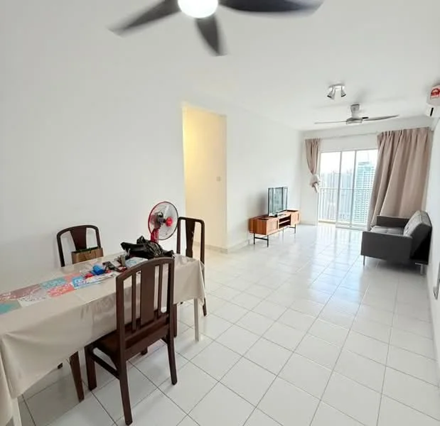 Living features: white painted walls, ceramic tile flooring, 5-blade ceiling fan, recessed downlights, floor-to-ceiling windows, sliding glass door, curtains, TV console, freestanding TV cabinet, sofa, dining table with chairs, decorative fan; style: modern; view: city.