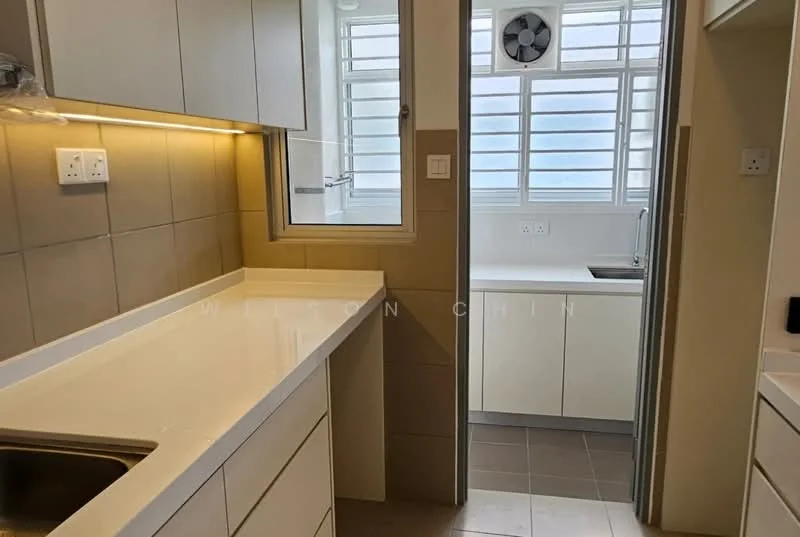 Kitchen features: white laminate countertop, single-bowl stainless-steel sink, chrome pull-down faucet, white cabinetry with flat-panel doors, grey tiled backsplash, built-in wall fan, window with horizontal slats, grey floor tiles; style: modern. Utility features: white cabinetry, window with horizontal slats, grey floor tiles; style: modern.