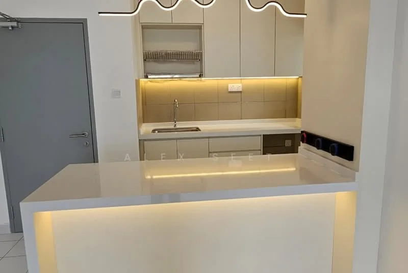 Kitchen features: white quartz countertop, single-bowl stainless-steel sink, chrome pull-down faucet, cream cabinetry, tile backsplash, built-in oven, stainless-steel range hood, recessed LED downlights, open shelving, kitchen island with seating, white walls, floor tiles, modern design; style: modern.