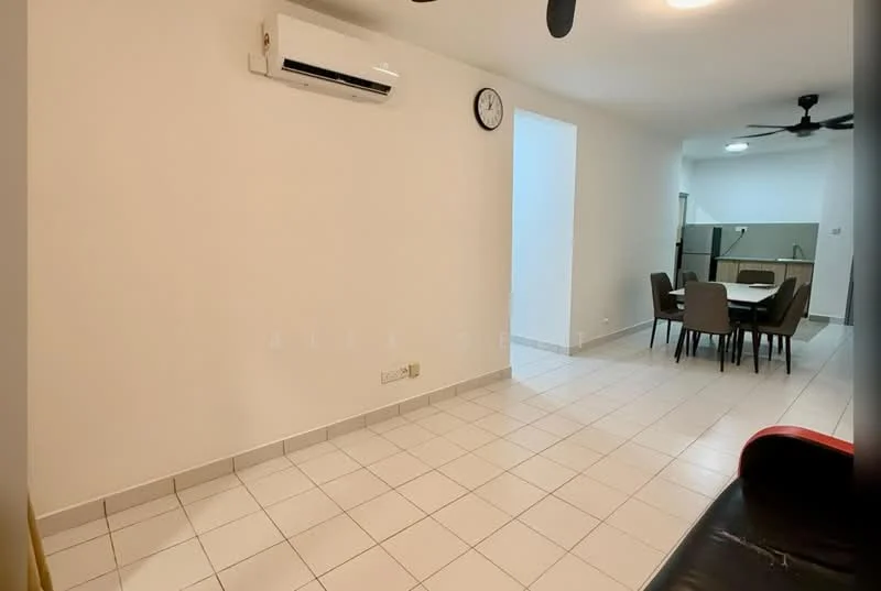 Living features: white painted walls, tile flooring, 1 wall-mounted split AC, ceiling fan, clock on wall, sofa, open layout to dining area, natural light from adjacent room; style: modern. Dining features: dining table with chairs, tile flooring, open layout to living area, kitchen visible in background; style: modern.