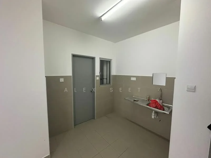 Laundry features: white painted walls, grey tiled backsplash, grey tiled flooring, single-bowl stainless-steel sink, chrome faucet, window with security grill, door to adjacent room, fluorescent ceiling light.