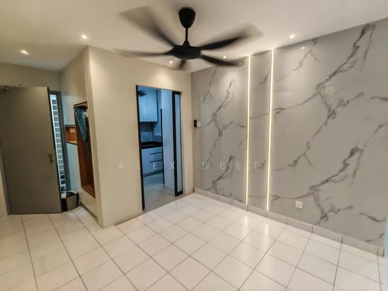 Room features: white tiled flooring, grey marble accent wall, recessed LED downlights, 5-blade ceiling fan, sliding glass door, built-in wardrobe, open shelving, neutral wall color; style: modern.