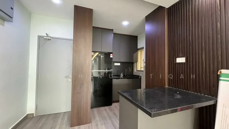 Kitchen features: black granite countertop, dark wood cabinetry, black kitchen appliances, single-bowl stainless-steel sink, chrome pull-down faucet, ceramic tile flooring, recessed downlights, wall-mounted split AC, sliding door, wood panel accent wall; style: modern.