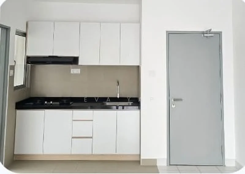 Kitchen features: white shaker cabinets, black countertop, single-bowl stainless-steel sink, chrome pull-down faucet, built-in gas hob, built-in range hood, tile backsplash, ceramic tile flooring, window above sink, grey door, light-colored walls; style: modern.