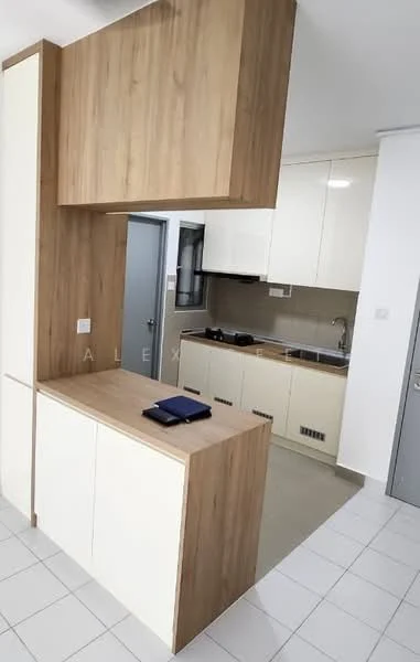 Kitchen features: white cabinetry, wooden countertop, built-in stove, built-in oven, single-bowl stainless-steel sink, chrome pull-down faucet, tile backsplash, grey tile flooring, recessed downlights, open shelving, kitchen island, wall-mounted cabinets; style: modern.