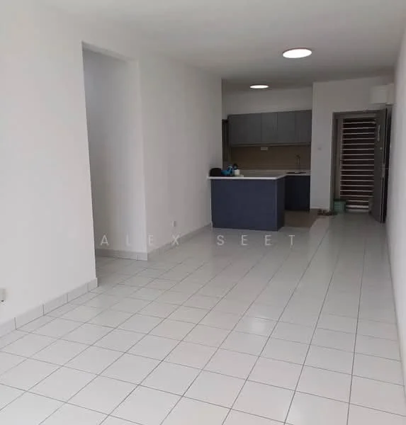 Living features: white painted walls, tile flooring, recessed ceiling lights, open layout to kitchen, large window, neutral color scheme, no visible furniture, clean lines; style: modern. Kitchen features: grey cabinetry, countertop with sink, open layout, no visible appliances, tile flooring; style: modern.