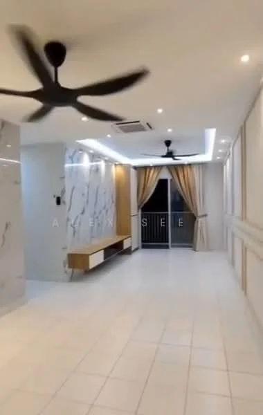 Living features: white painted walls, marble accent wall with grey veining, recessed downlights, 2 ceiling fans, large sliding glass door, curtains, white tiled flooring, built-in wall shelf; style: modern.