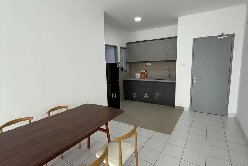 Kitchen features: grey cabinetry, white walls, ceramic tile flooring, refrigerator, built-in oven, sink, countertop, kitchen island, wall-mounted cabinets, stainless-steel appliances, dining table, chairs; style: modern.
