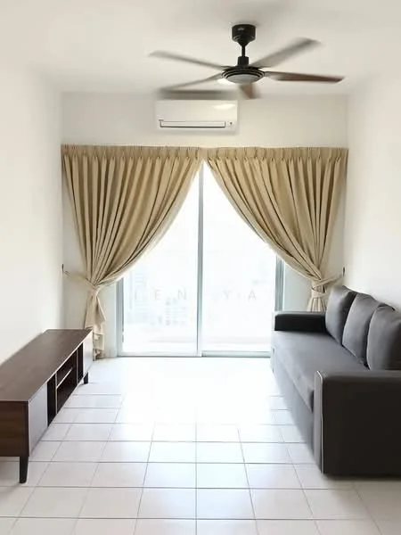 Living features: 3-seater fabric sofa in grey, wooden TV console, floor-to-ceiling sliding glass door, sheer curtains, blackout curtains, white painted walls, ceiling fan, tile flooring, air conditioning unit; style: modern; view: city.