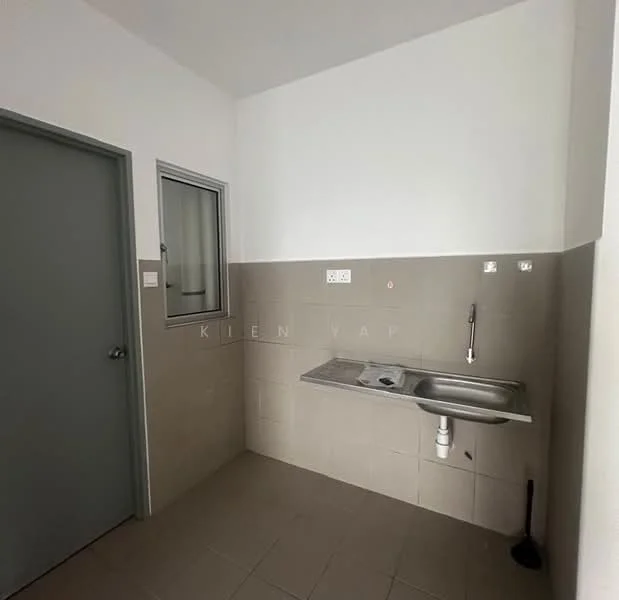 Laundry features: grey tiled flooring, white painted walls, single-bowl stainless-steel sink, chrome faucet, window for natural light, drainage pipe visible, plunger, wall-mounted electrical outlet.