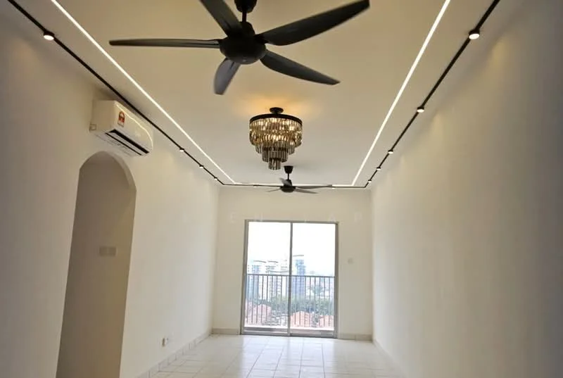 Living features: white painted walls, tile flooring, 5-blade ceiling fan with integrated LED light, chandelier, floor-to-ceiling sliding glass door, balcony view, recessed LED lighting, wall-mounted split AC; style: modern; view: city.