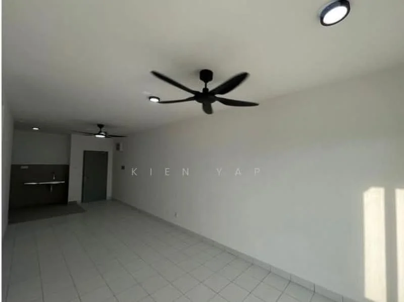 Room features: white painted walls, tile flooring, 2 ceiling fans, recessed LED downlights, single-bowl stainless-steel sink, grey door, open space layout; style: modern.
