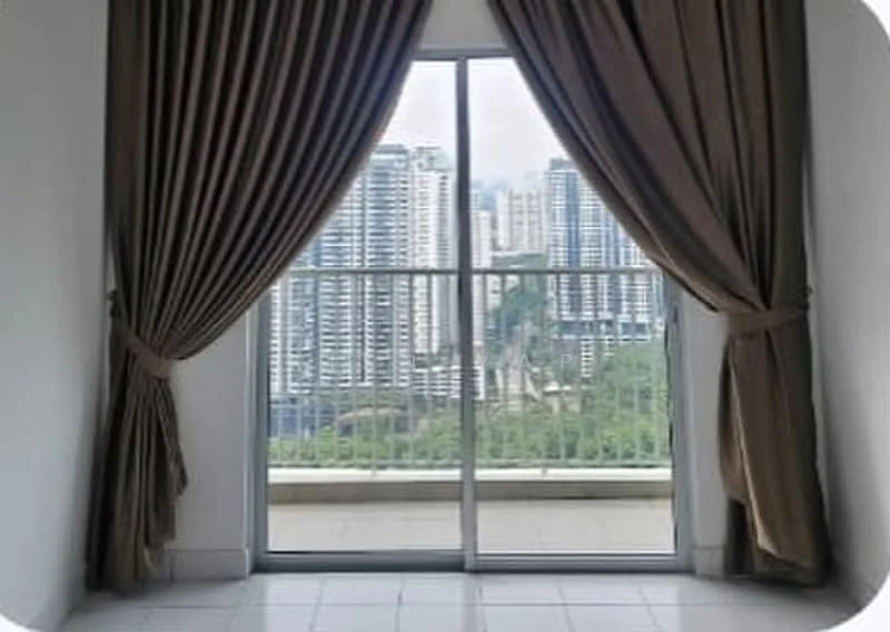 Room features: floor-to-ceiling sliding glass door, brown curtains, white walls, white tiled flooring, balcony view of city skyline; view: city.