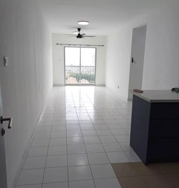 Living features: white painted walls, tiled flooring, 5-blade ceiling fan with light, floor-to-ceiling sliding glass door, curtain rod, balcony access, neutral color scheme, open layout, kitchen island with countertop; style: modern; view: city.