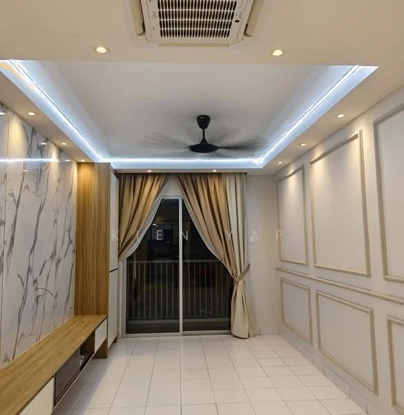 Room features: white painted walls with crown moulding, marble accent wall, recessed ceiling with LED strip lighting, ceiling fan, floor-to-ceiling sliding glass door, curtains, white tiled flooring, built-in wooden bench; style: modern.