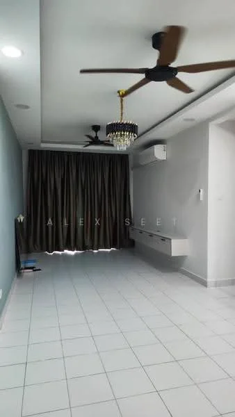 Living features: white walls, grey accent wall, white tiled flooring, 2 ceiling fans, chandelier light fixture, floor-to-ceiling curtains, air conditioning unit, wall-mounted shelf; style: modern.