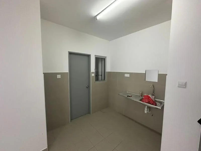 Laundry features: white painted walls, light grey tiled walls, light grey floor tiles, single-bowl stainless-steel sink, chrome faucet, window with security bars, door to adjacent room, fluorescent ceiling light; style: modern.