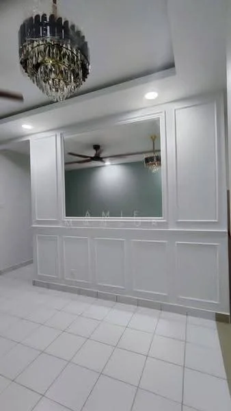 Room features: white painted walls, crown moulding, chandelier, recessed downlights, ceiling fan, white tiled flooring, wall paneling, mirror, green accent wall; style: modern.