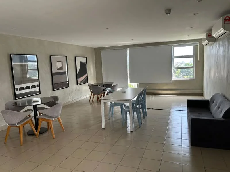 Living features: grey painted walls, tile flooring, 5-blade ceiling fan, 2 wall-mounted split ACs, large windows with city view, black fabric sofa, white dining table, 4 blue metal chairs, round dining table with 4 grey upholstered chairs, framed artwork on walls; style: modern; view: city.
