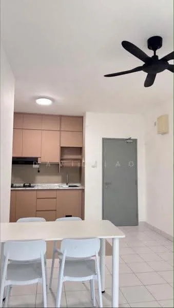 Kitchen features: light wood cabinetry, white countertop, stainless-steel sink, chrome pull-down faucet, built-in stove, microwave, refrigerator, tile backsplash, ceiling fan, dining table with three chairs, white tiled flooring, wall-mounted air conditioning unit; style: modern.