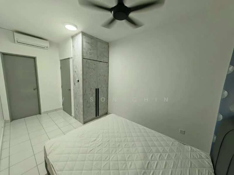 Bedroom features: white painted walls, tile flooring, 5-blade ceiling fan, wall-mounted split AC, built-in wardrobe with grey finish, window with blue patterned curtains, queen-size bed base, light ceiling fixture; style: modern.