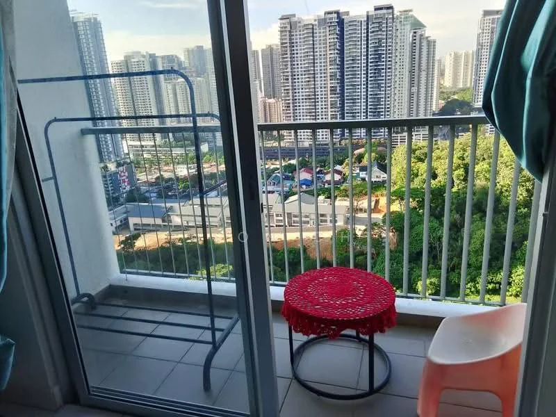 Balcony features: sliding glass door, floor-to-ceiling windows, grey tiled flooring, metal drying rack, red round stool, white plastic chair, city skyline view, greenery view; view: city.
