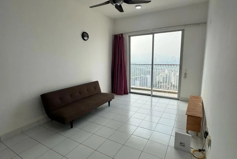 Living features: brown fabric sofa bed, white painted walls, white tile flooring, floor-to-ceiling windows, sliding glass door, curtains in dark red, ceiling fan, wall clock; style: modern; view: city.