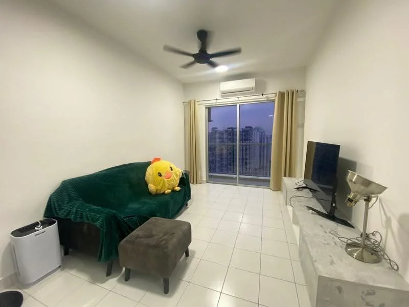 Living features: green throw blanket on sofa, large yellow plush toy, 3-seater fabric sofa, ottoman, TV console, wall-mounted TV, marble top on TV console, floor-to-ceiling windows, curtains, white tiled flooring, ceiling fan with light, air conditioning unit; style: modern; view: city.