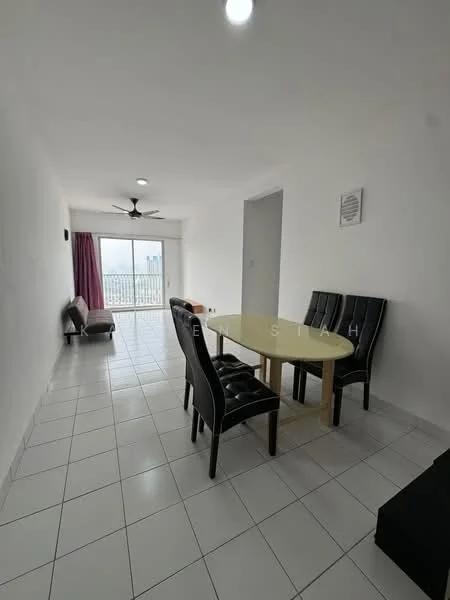 Dining features: round dining table, 4 black upholstered dining chairs, white walls, white tiled flooring, 5-blade ceiling fan with light, sliding glass door, curtains in burgundy, sofa in the corner; style: modern; view: city.