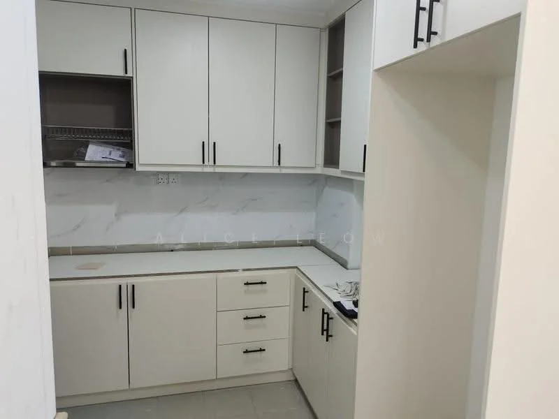 Kitchen features: white cabinetry with black handles, marble backsplash, laminate countertop, built-in oven, stainless-steel sink, chrome faucet, open shelving, tile flooring, recessed lighting, corner layout, drawer storage, upper cabinets, lower cabinets; style: modern.