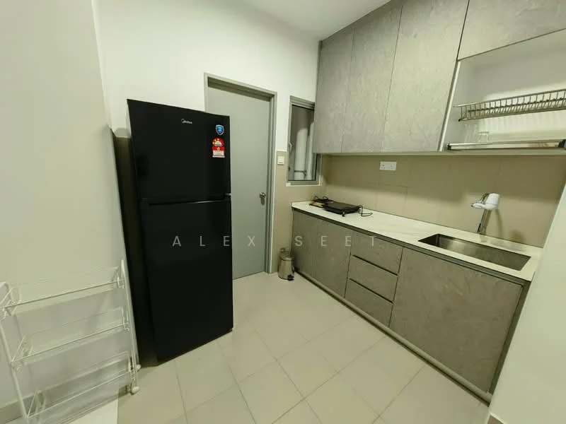Kitchen features: black refrigerator, stainless-steel sink, single-bowl sink, chrome faucet, grey cabinetry, laminate countertop, built-in gas hob, wall-mounted shelf, tile backsplash, light-colored tile flooring, window, door to hallway; style: modern.
