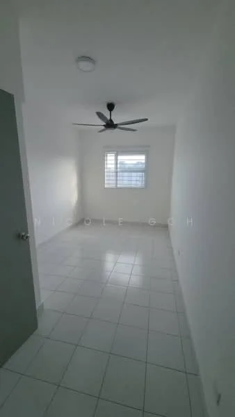 Room features: white painted walls, white ceiling, ceiling fan, tile flooring, window with blinds, natural light from window; style: modern; view: city.