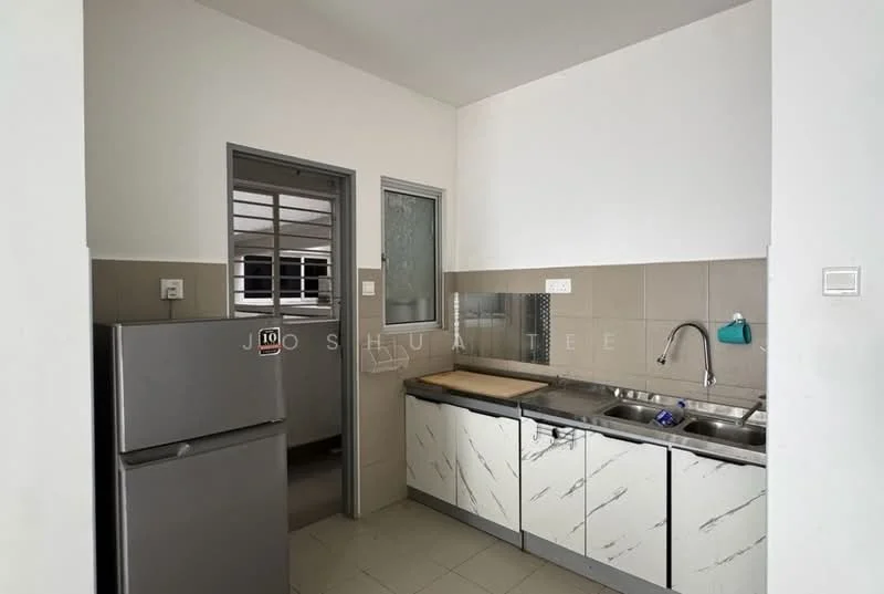Kitchen features: stainless-steel fridge, double-bowl stainless-steel sink, chrome pull-down faucet, laminate countertop with wood finish, white cabinetry with marble pattern, tile backsplash, wall-mounted cabinet, window for natural light, grey tiled flooring; style: modern.