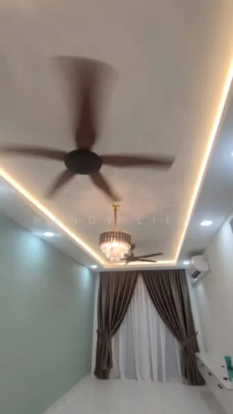 Room features: 5-blade ceiling fan with light, chandelier, recessed LED downlights, white painted walls, cream accent wall, floor-to-ceiling windows with sheer curtains, dark brown curtains, polished tile flooring, wall-mounted split AC; style: modern.