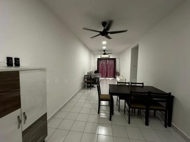 Dining features: white painted walls, ceramic tile flooring, 5-blade ceiling fan, 6-seater dining table, wooden dining chairs, sideboard cabinet, curtains, recessed ceiling lights; style: modern. Living features: white painted walls, ceramic tile flooring, 5-blade ceiling fan, sofa, coffee table, TV console, area rug; style: modern.