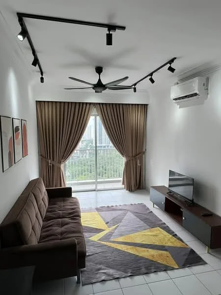 Living features: 3-seater fabric sofa in brown, coffee table, wall-mounted TV, TV console with storage, area rug with geometric pattern, floor-to-ceiling windows, curtains in brown, 5-blade ceiling fan with light, recessed downlights, air conditioning unit on wall, white painted walls, tile flooring; style: modern; view: city.