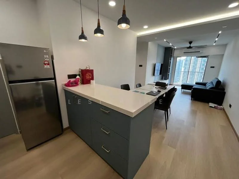 Kitchen features: stainless-steel fridge, kitchen island with countertop, pendant lighting above island, grey cabinetry, white quartz countertop, open layout to living area, wooden flooring, recessed ceiling lights; style: modern; view: city. Living features: black fabric sofa, wall-mounted TV, coffee table, floor-to-ceiling windows, light-colored walls, ceiling fan; style: modern; view: city.