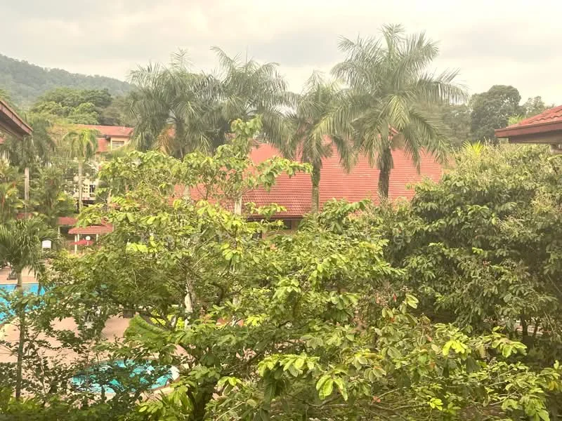 Exterior features: lush greenery, palm trees, manicured landscaping, red tiled roof, swimming pool visible in background, mountain view in background; style: tropical-modern.
