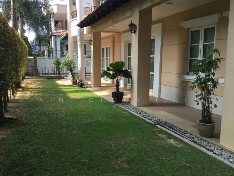 Exterior type: detached bungalow; features: manicured lawn, paved walkway, landscaped garden, potted plants, exterior wall with cream paint, covered porch area, multiple windows, surrounded by greenery; style: modern.