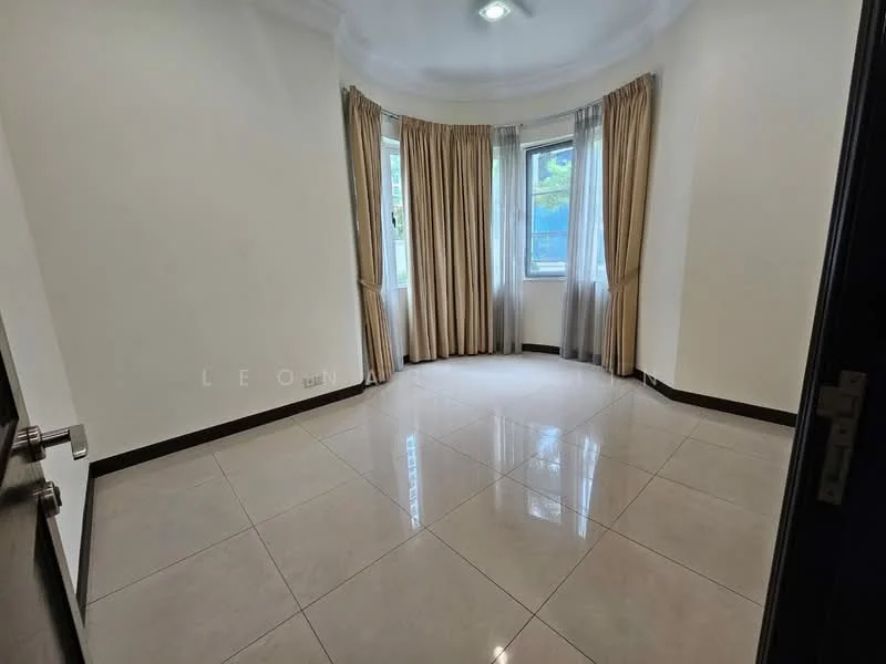Room features: white painted walls, cream curtains, floor-to-ceiling windows, glossy tile flooring, recessed ceiling lights, corner windows, neutral color scheme, no visible furniture; style: modern; view: garden.
