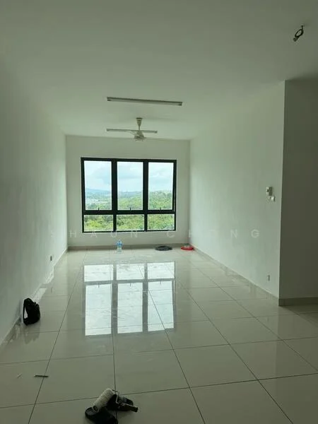Living features: white painted walls, glossy ceramic tile flooring, 5-blade ceiling fan, floor-to-ceiling windows, mountain view, natural light, neutral color scheme, minimalist decor; style: modern; view: mountain.