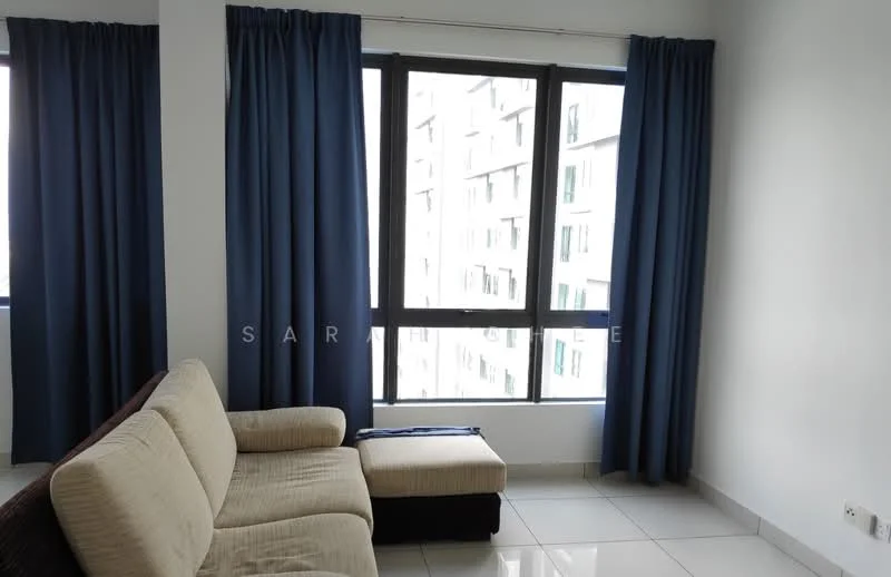 Living features: beige fabric sofa, black ottoman, floor-to-ceiling windows, blue curtains, white painted walls, glossy tile flooring, natural light from windows; style: modern.