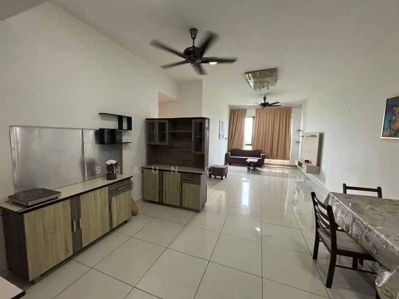 Living features: white painted walls, glossy tiled flooring, 5-blade ceiling fan, large window with curtains, sofa in dark color, TV console, dining table with chairs, display cabinet, decorative wall art; style: modern.
