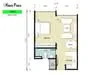 Floor plan: 1-bedroom 1-bathroom unit; features: open-plan kitchen-dining-living, master bedroom with ensuite bathroom, utility room, balcony off living room, central foyer.