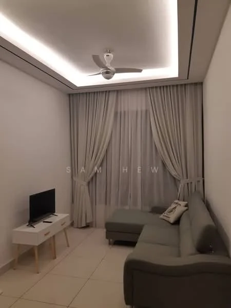 Living features: grey fabric sectional sofa, white coffee table, wall-mounted TV, 5-blade ceiling fan with integrated LED light, white painted walls, light-colored floor tiles, sheer curtains, recessed ceiling lighting; style: modern.