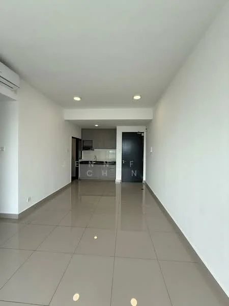 Living features: white painted walls, glossy ceramic tile flooring, recessed downlights, 1 wall-mounted split AC, open layout, kitchen area visible in background, doorway leading to entrance, large windows for natural light; style: modern.