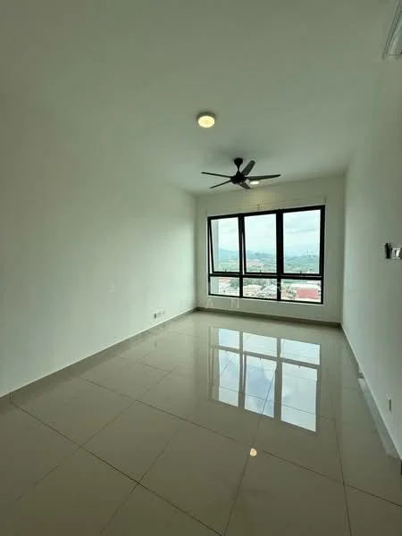 Room features: white painted walls, glossy ceramic tile flooring, 5-blade ceiling fan with light, floor-to-ceiling windows, city view, recessed downlights; style: modern; view: city.