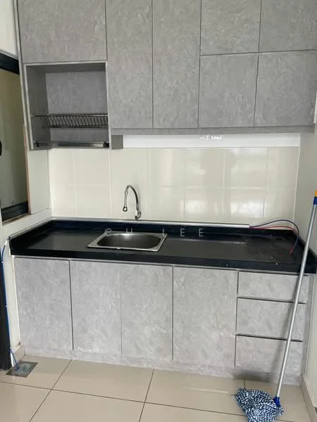 Kitchen features: grey laminate cabinetry, black granite countertop, single-bowl stainless-steel sink, chrome pull-down faucet, white tiled backsplash, open shelving above sink, built-in dish rack, floor tiles in cream, under-cabinet lighting, wall-mounted electrical outlet; style: modern.