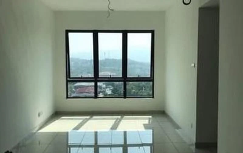 Living features: large floor-to-ceiling windows, white painted walls, glossy ceramic tile flooring, neutral ceiling, mounting point for light fixture, city view, open layout, natural light; style: modern; view: city.